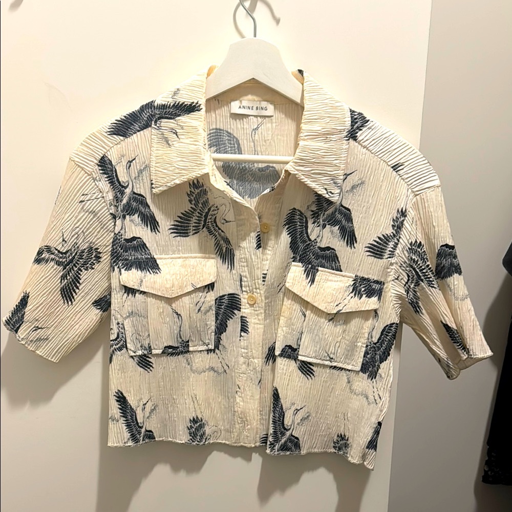 Anne Bing Cream and Black Bird Print Shirt